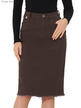 High Waist Raw Hem Denim Midi Skirt A-Line Flared Jean Skirt